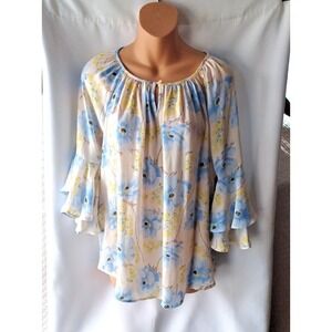 Chaps Blue Yellow Floral Keyhole Bell Sleeve Peasant Cottagecore Blouse Womens S